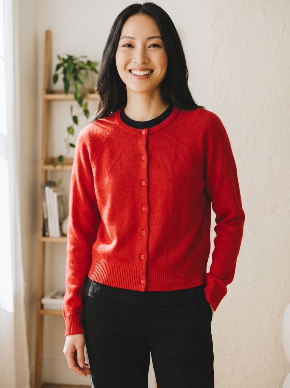 Rumored Red Button-Front Crewneck Cardigan